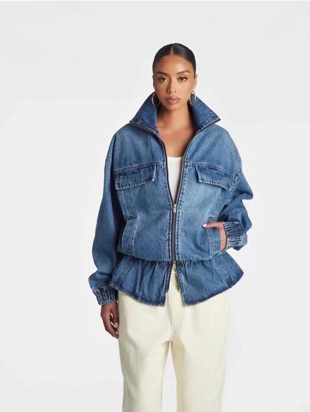 KBB by Kahlana Denim Peplum Biker Jacket Blue XXS